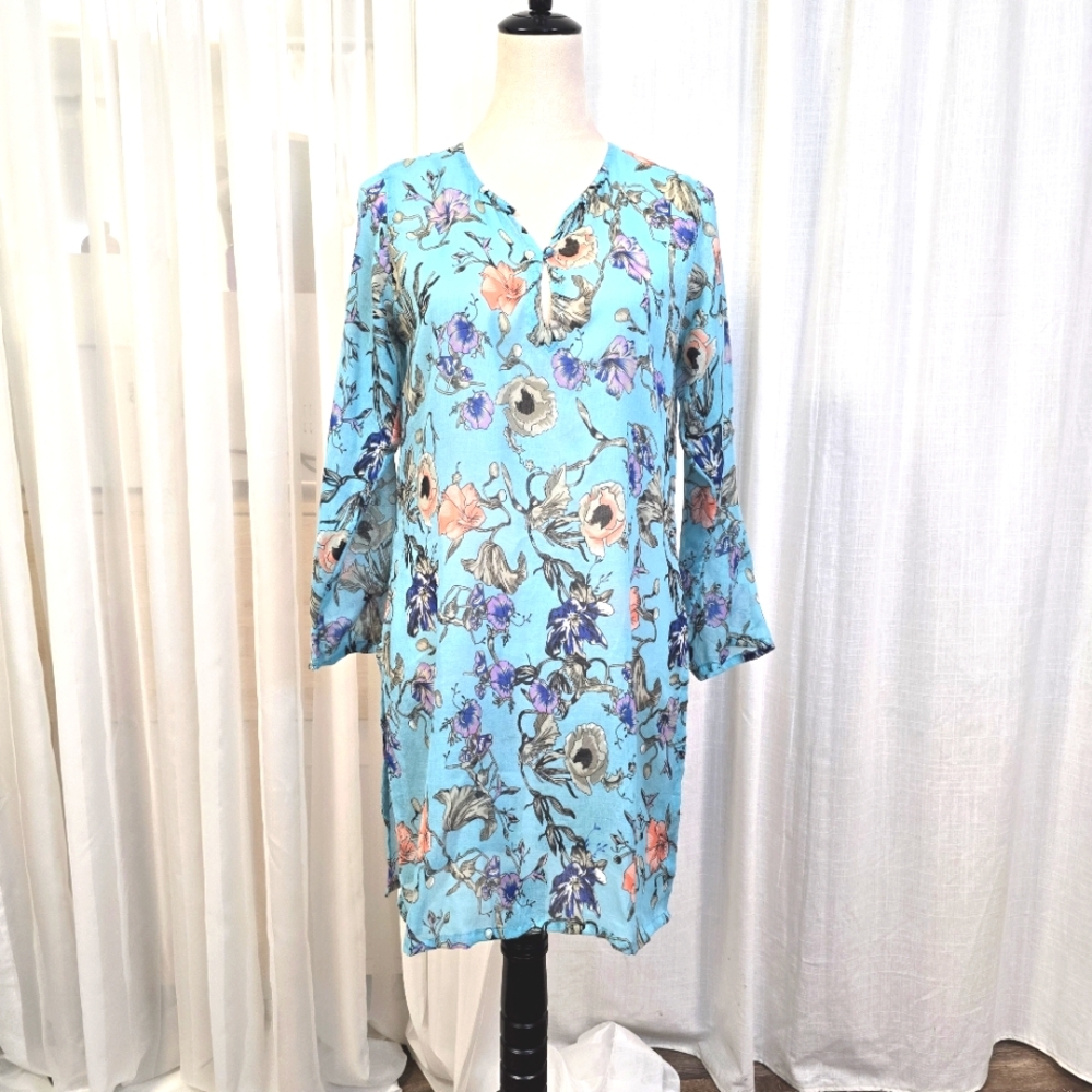 Raj‎ Baby Pastel Blue Floral Cotton Dress Tunic Womens Size S Lightweight